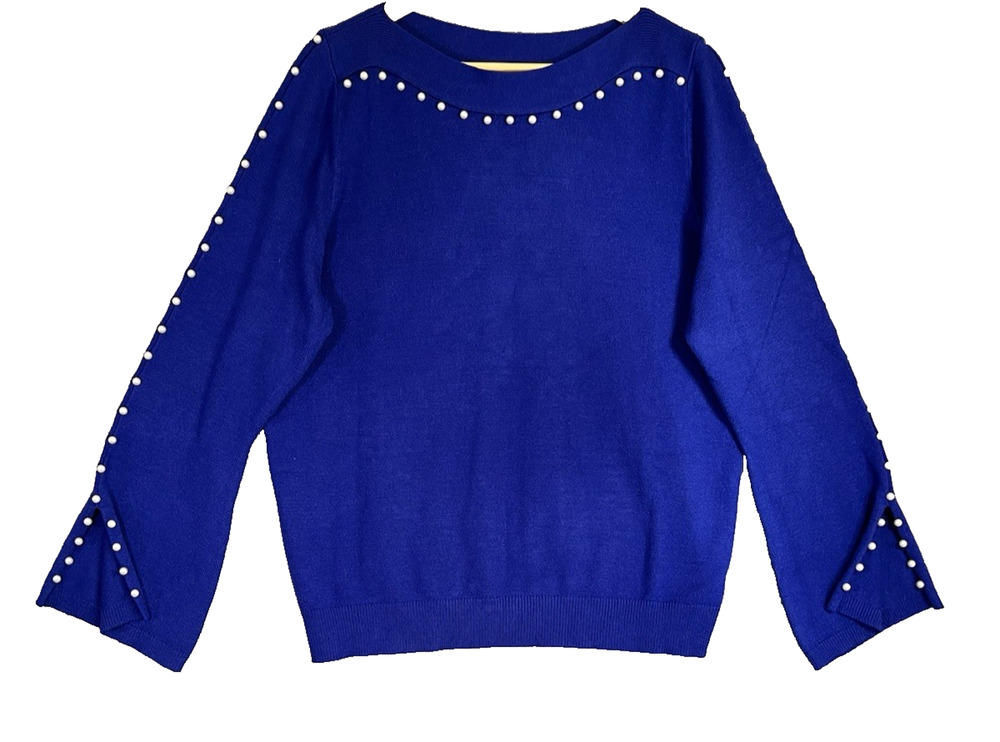 Monroe & Main Sweater XL Royal Blue Pearl Bead Boatneck Split Cuff Cocktail NEW